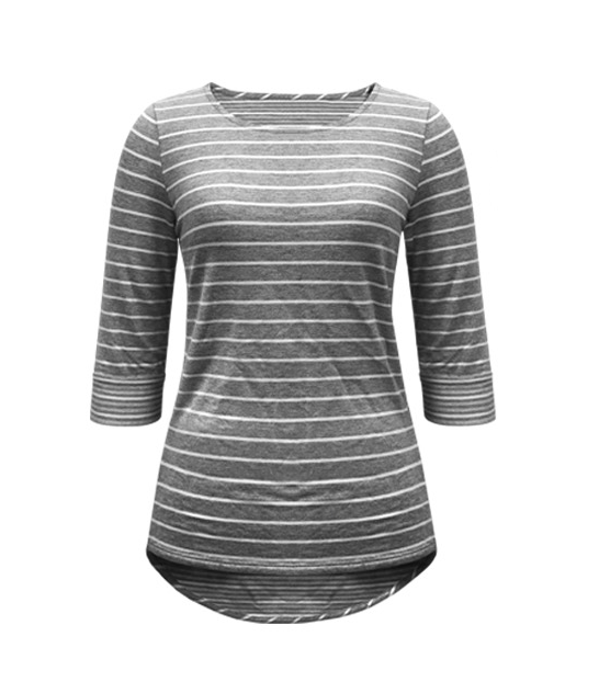 Double face french terry crew neck elbow sleeve feeder stripe knit top  2-face stripe french terry (viscose spandex)